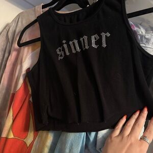 Sinner Bejeweled Crop Top with Graphic Design